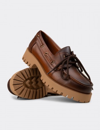 Kadın Hakiki Deri Taba Renk Marin Loafer - 02036ZTBAC02