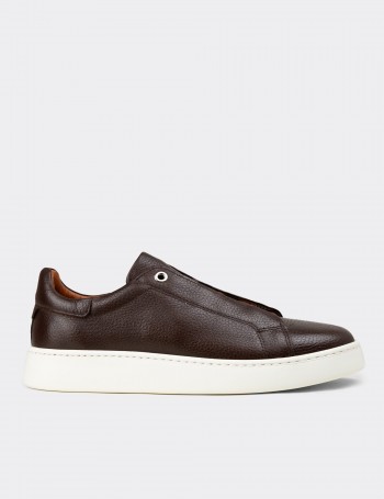 Erkek Hakiki Deri Kahverengi Gizli Bağcıklı Sneaker - 04444MKHVE01