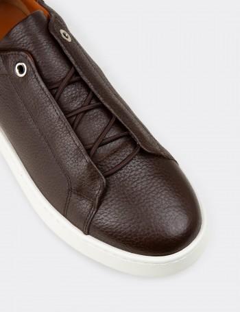 Erkek Hakiki Deri Kahverengi Gizli Bağcıklı Sneaker - 04444MKHVE01