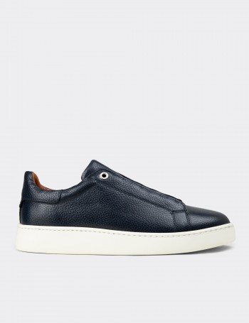 Erkek Gizli Bağcıklı Hakiki Deri Lacivert Sneaker