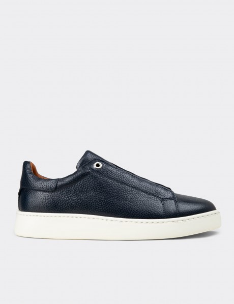 Erkek Gizli Bağcıklı Hakiki Deri Lacivert Sneaker