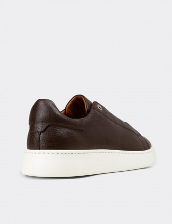 Erkek Hakiki Deri Kahverengi Gizli Bağcıklı Sneaker - 04444MKHVE01