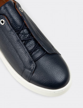 Erkek Gizli Bağcıklı Hakiki Deri Lacivert Sneaker