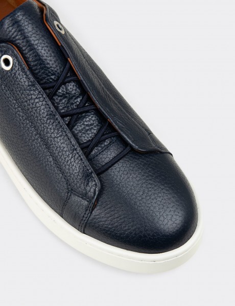 Erkek Gizli Bağcıklı Hakiki Deri Lacivert Sneaker