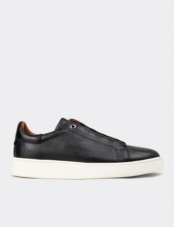 Erkek Hakiki Deri Siyah Gizli Bağcıklı Sneaker - 04444MSYHE02