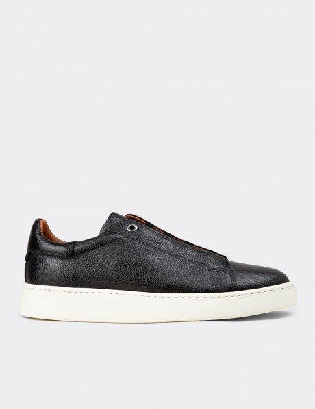 Erkek Hakiki Deri Siyah Gizli Bağcıklı Sneaker