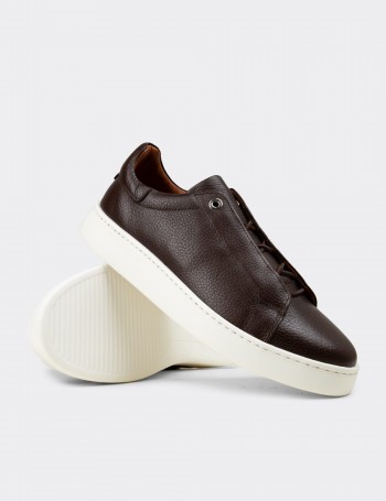 Erkek Hakiki Deri Kahverengi Gizli Bağcıklı Sneaker - 04444MKHVE01