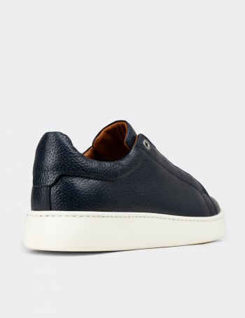 Erkek Gizli Bağcıklı Hakiki Deri Lacivert Sneaker - 04444MLCVE01