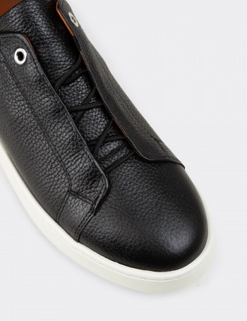 Erkek Hakiki Deri Siyah Gizli Bağcıklı Sneaker - 04444MSYHE02