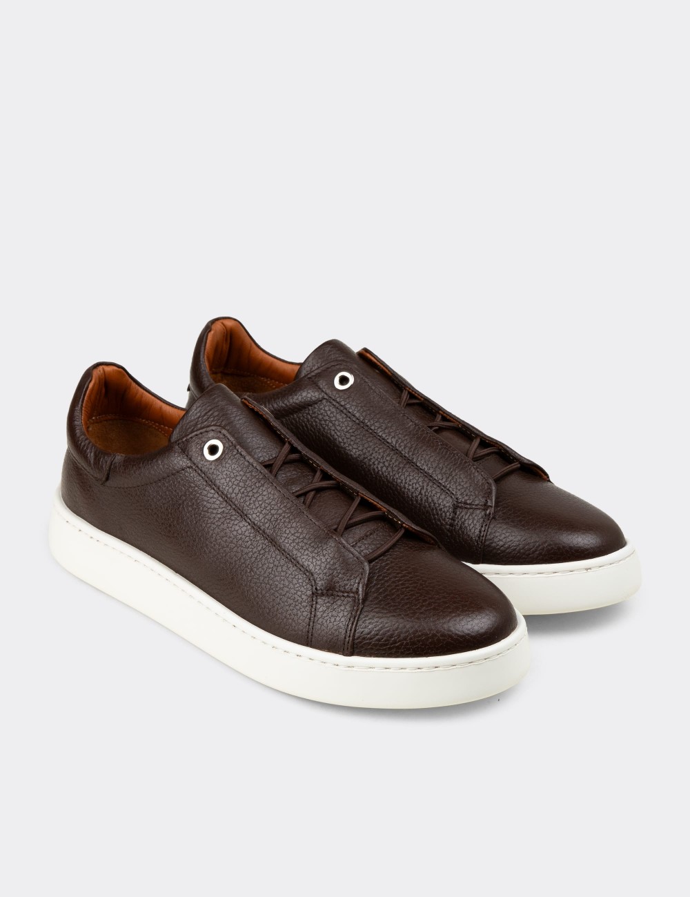 Erkek Hakiki Deri Kahverengi Gizli Bağcıklı Sneaker - 04444MKHVE01