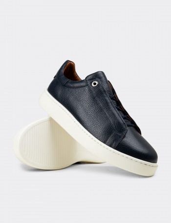 Erkek Gizli Bağcıklı Hakiki Deri Lacivert Sneaker - 04444MLCVE01