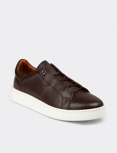 Erkek Hakiki Deri Kahverengi Gizli Bağcıklı Sneaker