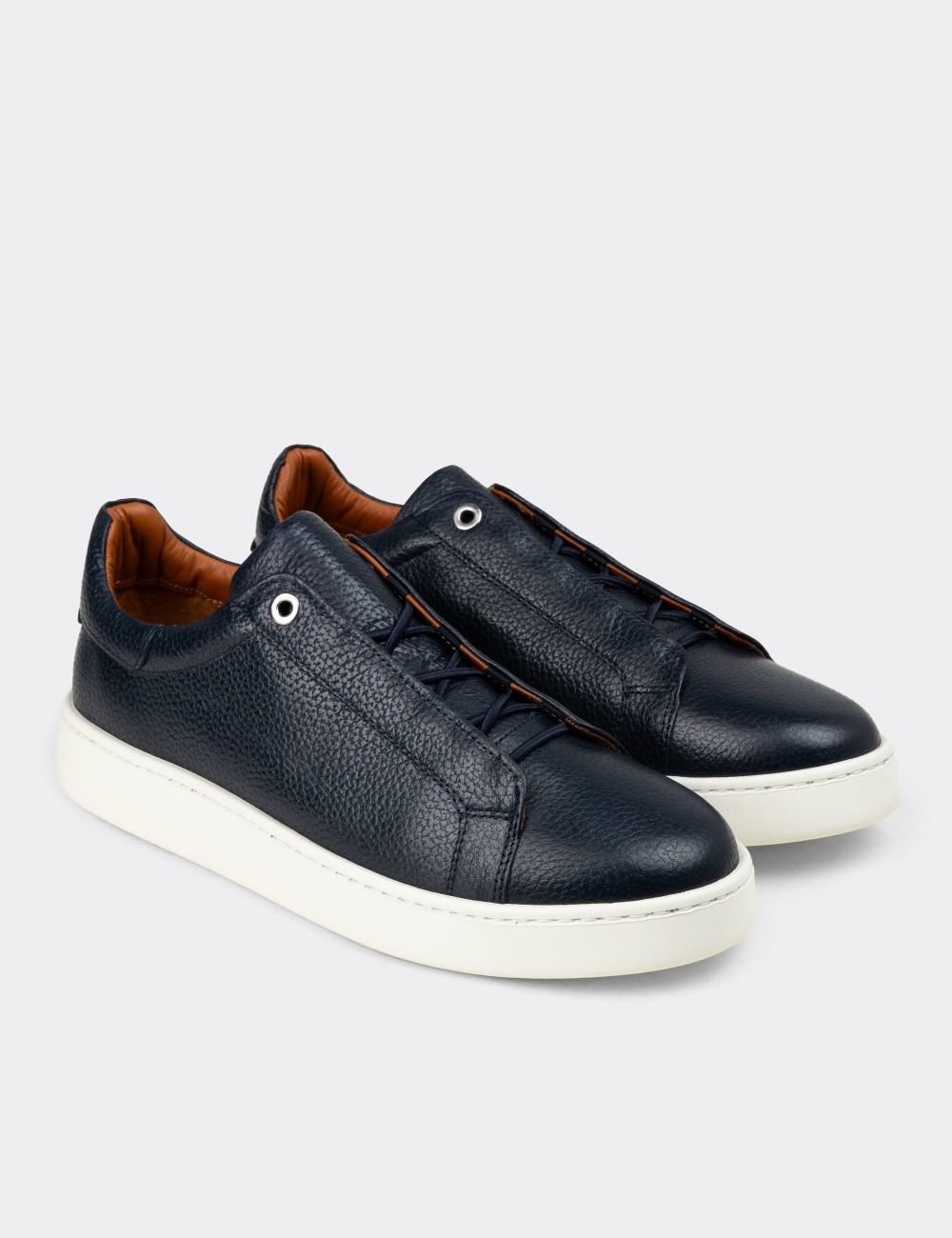 Erkek Gizli Bağcıklı Hakiki Deri Lacivert Sneaker - 04444MLCVE01