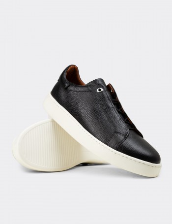Erkek Hakiki Deri Siyah Gizli Bağcıklı Sneaker - 04444MSYHE02