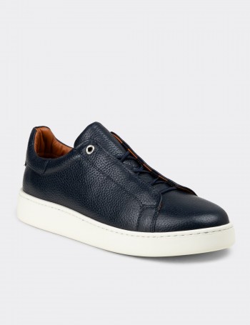 Erkek Gizli Bağcıklı Hakiki Deri Lacivert Sneaker - 04444MLCVE01
