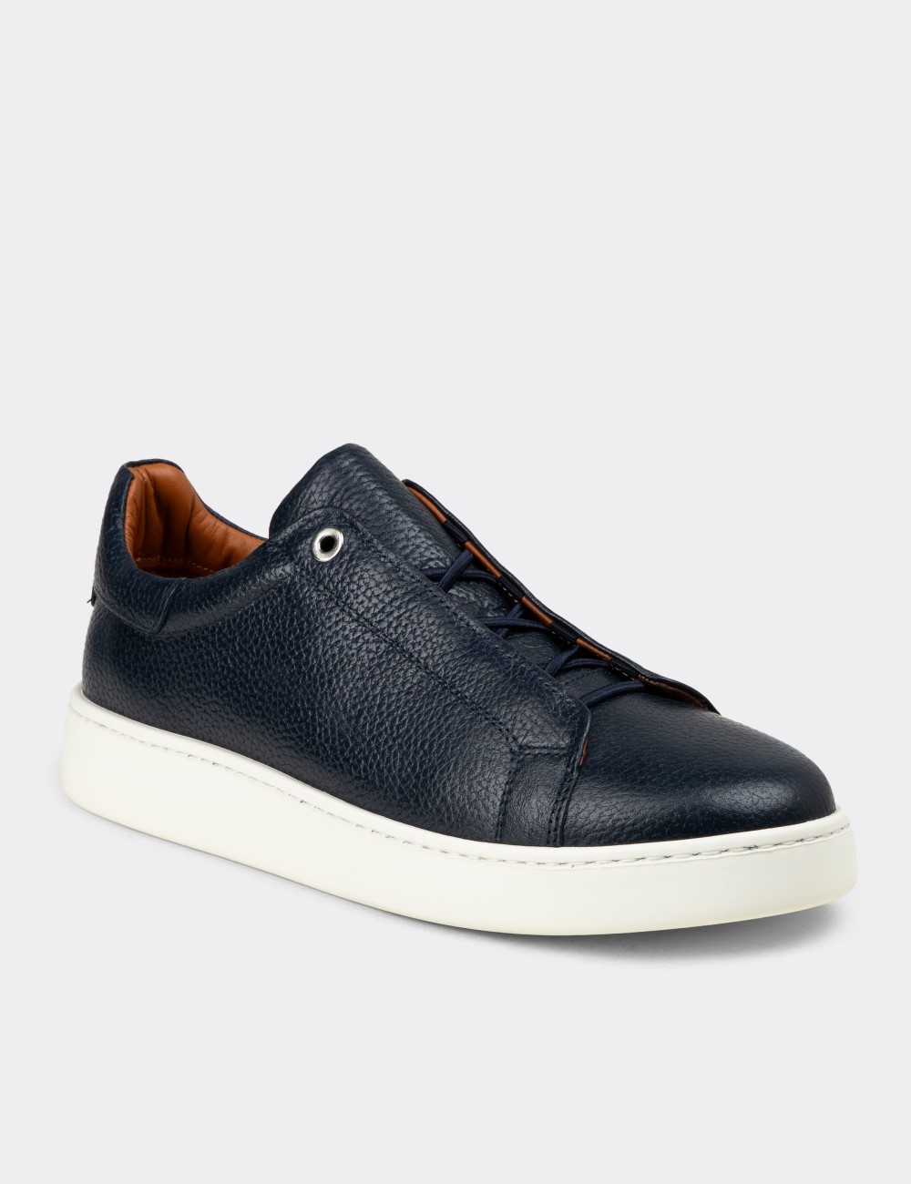 Erkek Gizli Bağcıklı Hakiki Deri Lacivert Sneaker - 04444MLCVE01