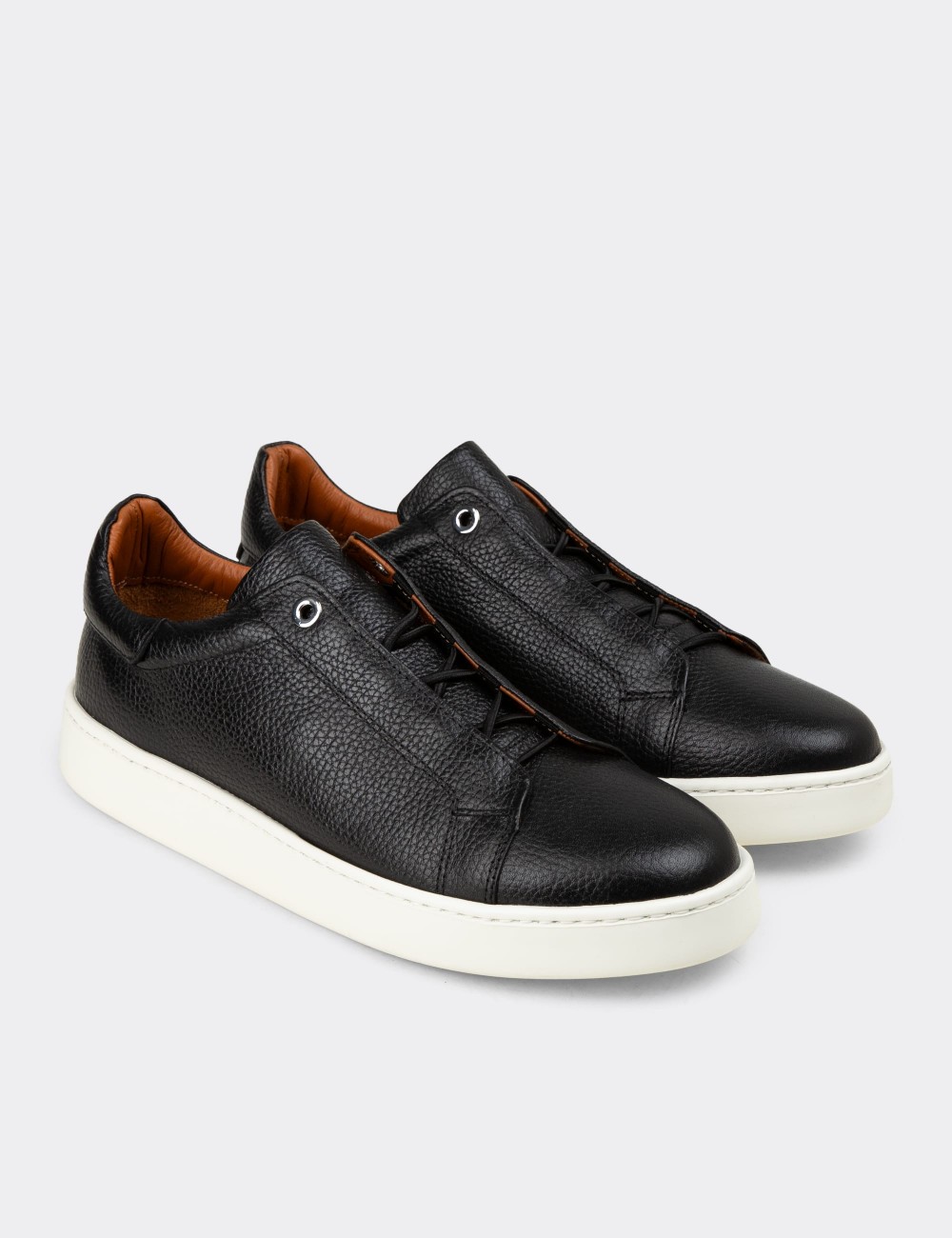 Erkek Hakiki Deri Siyah Gizli Bağcıklı Sneaker - 04444MSYHE02