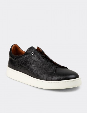 Erkek Hakiki Deri Siyah Gizli Bağcıklı Sneaker - 04444MSYHE02