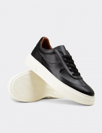 Erkek Siyah Hakiki Deri Sneaker Ayakkabı - 04601MSYHE01