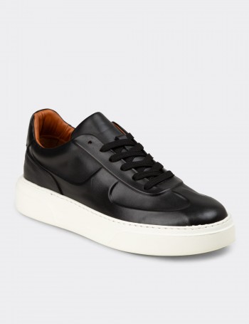 Erkek Siyah Hakiki Deri Sneaker Ayakkabı - 04601MSYHE01