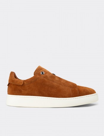 Erkek Hakiki Süet Taba Renk Gizli Bağcıklı Sneaker - 04444MTBAE02