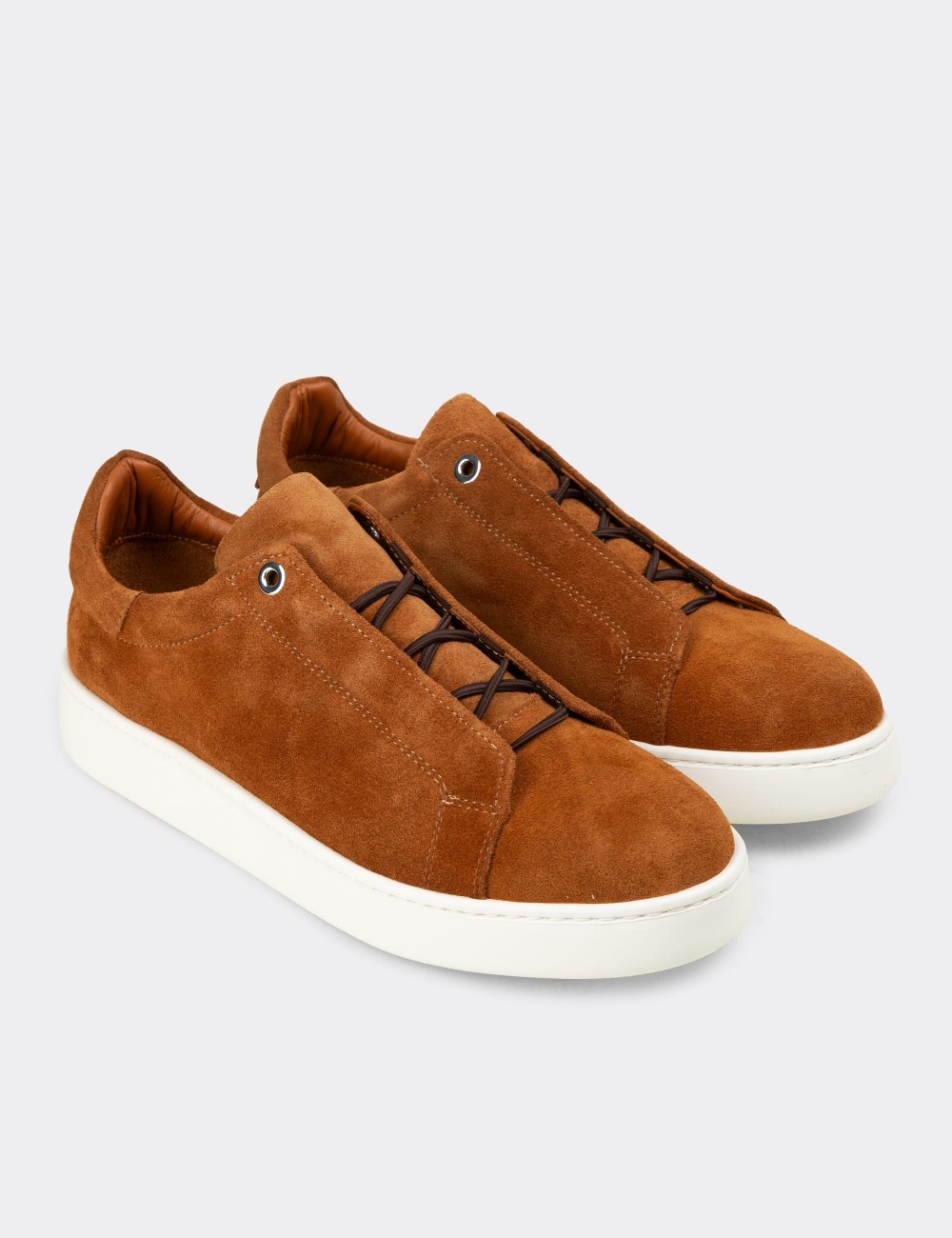 Erkek Hakiki Süet Taba Renk Gizli Bağcıklı Sneaker - 04444MTBAE02