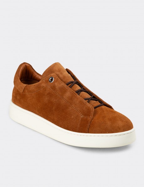 Erkek Hakiki Süet Taba Renk Gizli Bağcıklı Sneaker