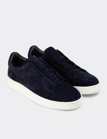 Erkek Gizli Bağcıklı Hakiki Süet Lacivert Sneaker - 04444MLCVE02