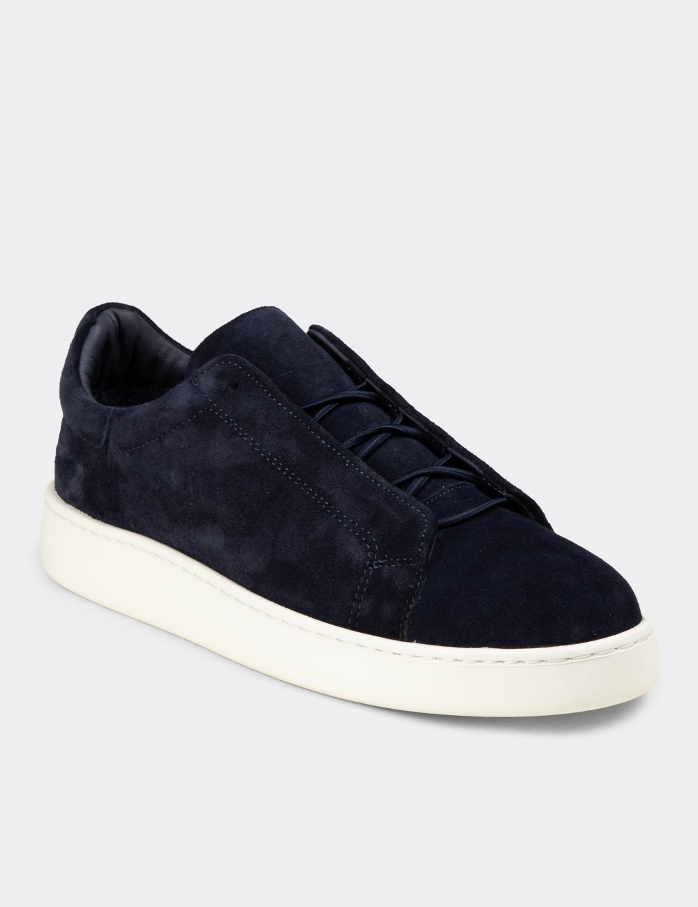 Erkek Gizli Bağcıklı Hakiki Süet Lacivert Sneaker - 04444MLCVE02