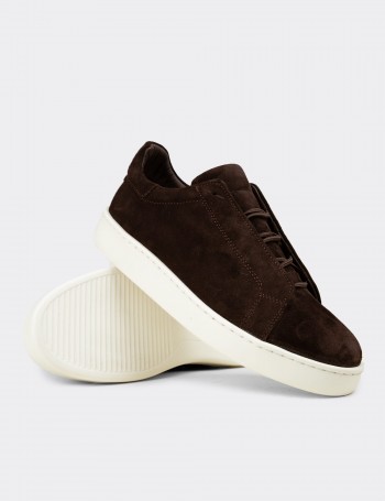 Erkek Gizli Bağcıklı Hakiki Süet Kahverengi Sneaker - 04444MKHVE02