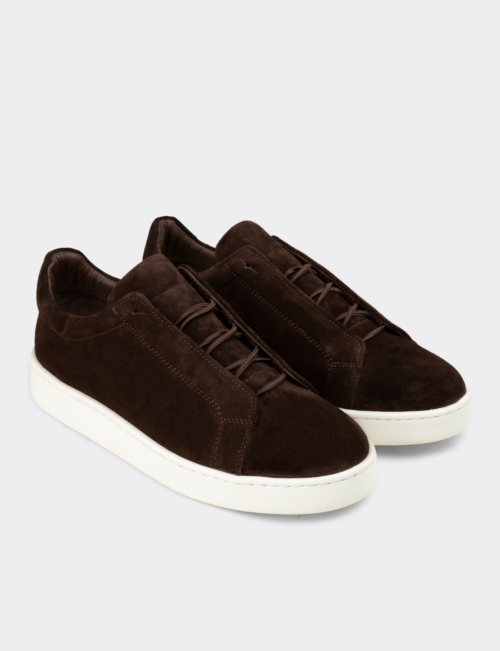 Erkek Gizli Bağcıklı Hakiki Süet Kahverengi Sneaker - 04444MKHVE02