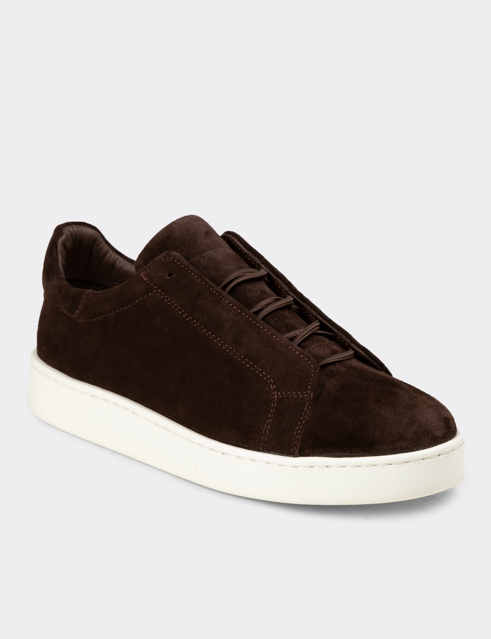 Erkek Gizli Bağcıklı Hakiki Süet Kahverengi Sneaker - 04444MKHVE02