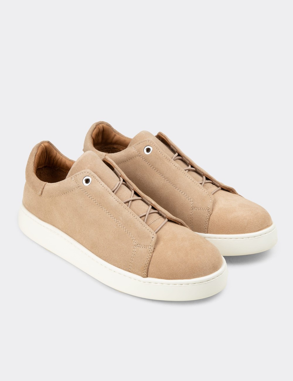 Erkek Gizli Bağcıklı Hakiki Süet Bej Sneaker - 04444MBEJE01
