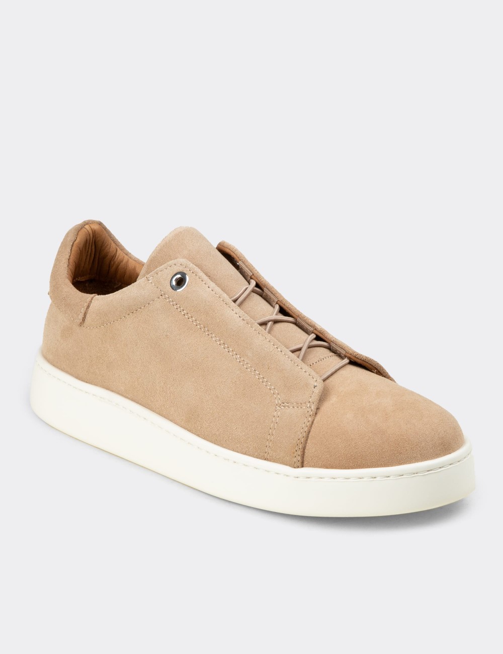 Erkek Gizli Bağcıklı Hakiki Süet Bej Sneaker - 04444MBEJE01