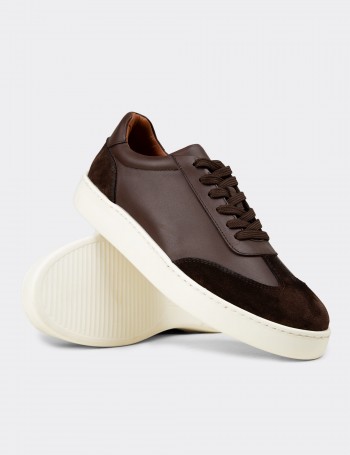 Erkek Kahverengi Hakiki Deri Sneaker Ayakkabı - 04407MKHVE01