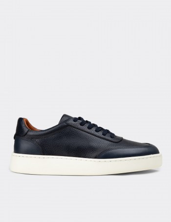 Erkek Lacivert Hakiki Deri Sneaker Ayakkabı