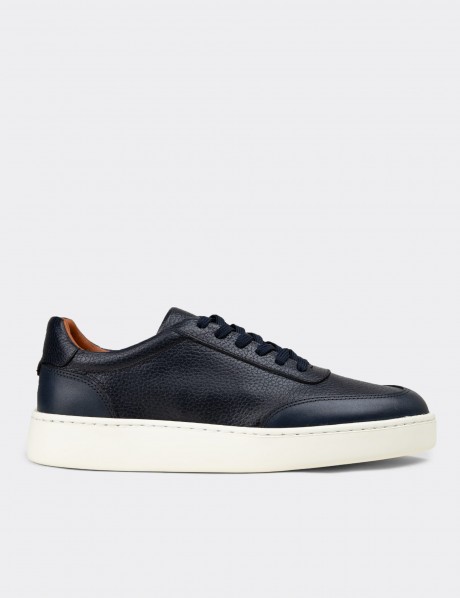 Erkek Lacivert Hakiki Deri Sneaker Ayakkabı