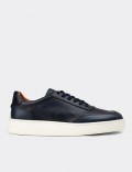 Erkek Lacivert Hakiki Deri Sneaker Ayakkabı