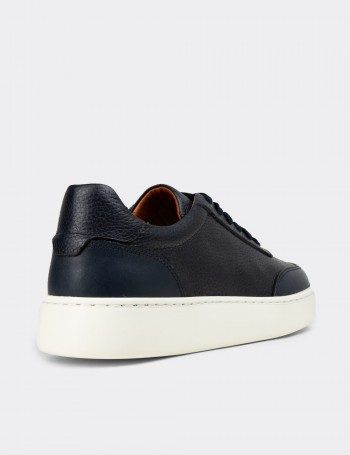 Erkek Lacivert Hakiki Deri Sneaker Ayakkabı - 04406MLCVE01