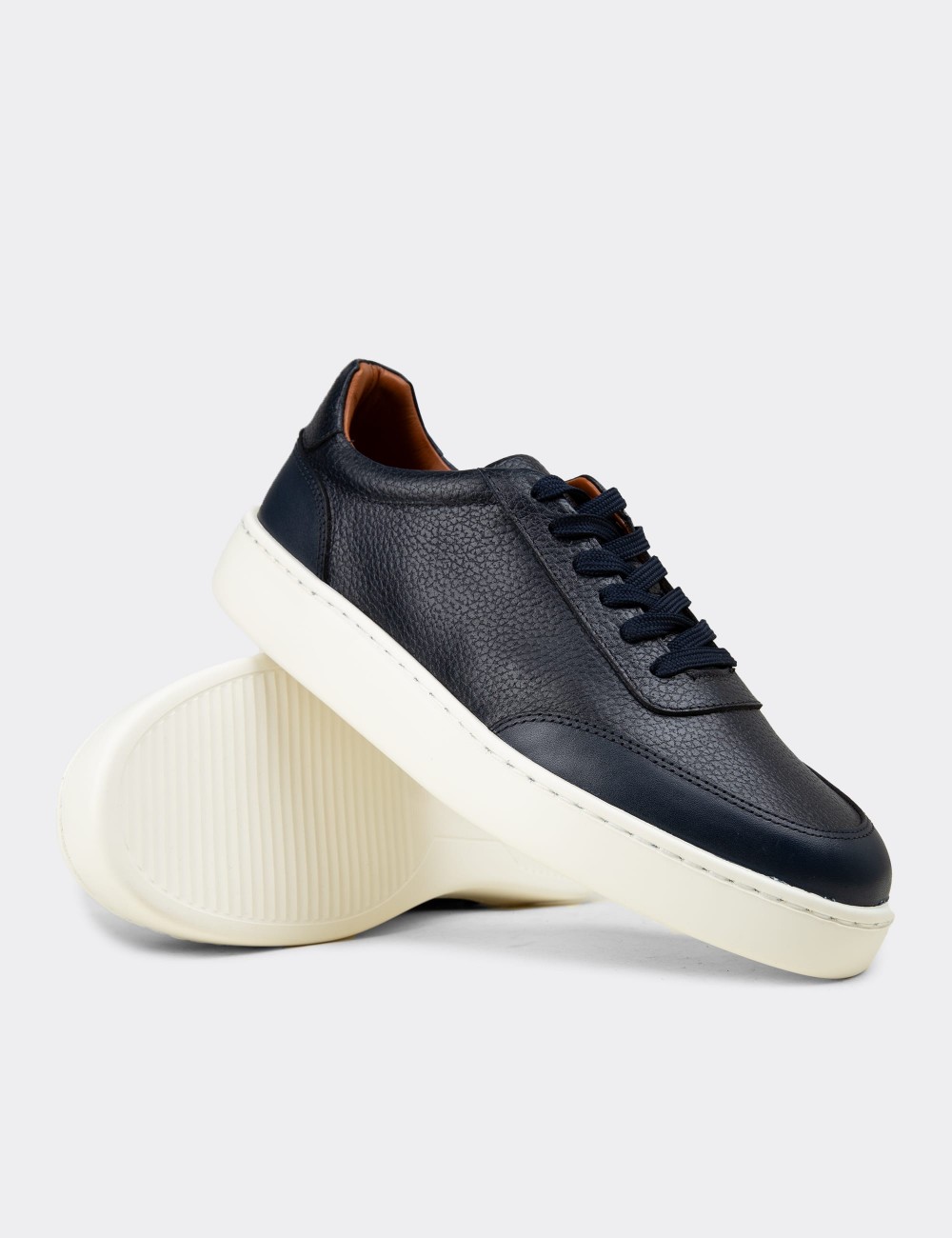 Erkek Lacivert Hakiki Deri Sneaker Ayakkabı - 04406MLCVE01