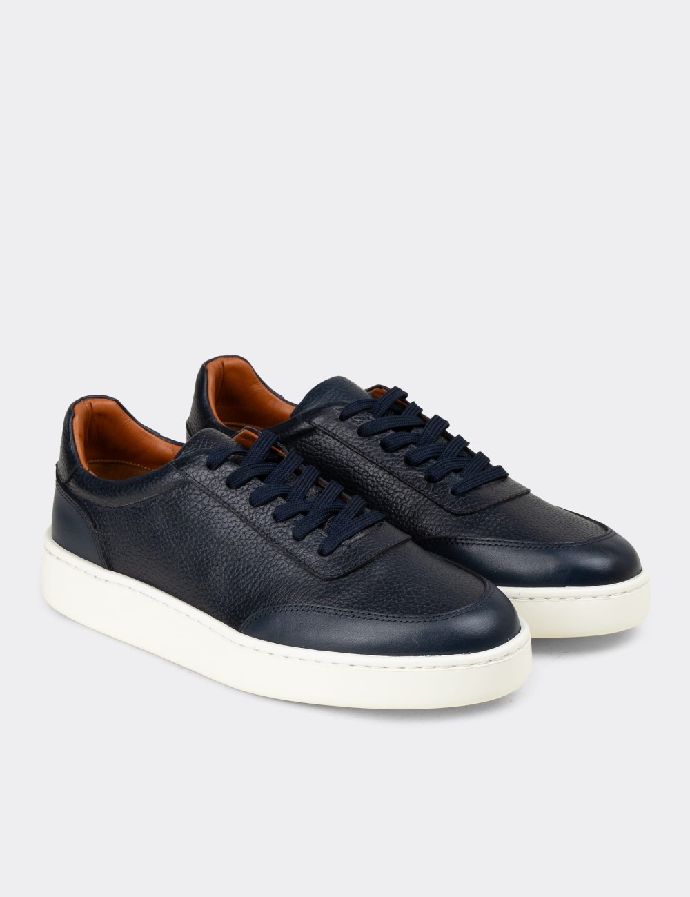 Erkek Lacivert Hakiki Deri Sneaker Ayakkabı - 04406MLCVE01