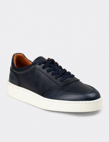Erkek Lacivert Hakiki Deri Sneaker Ayakkabı