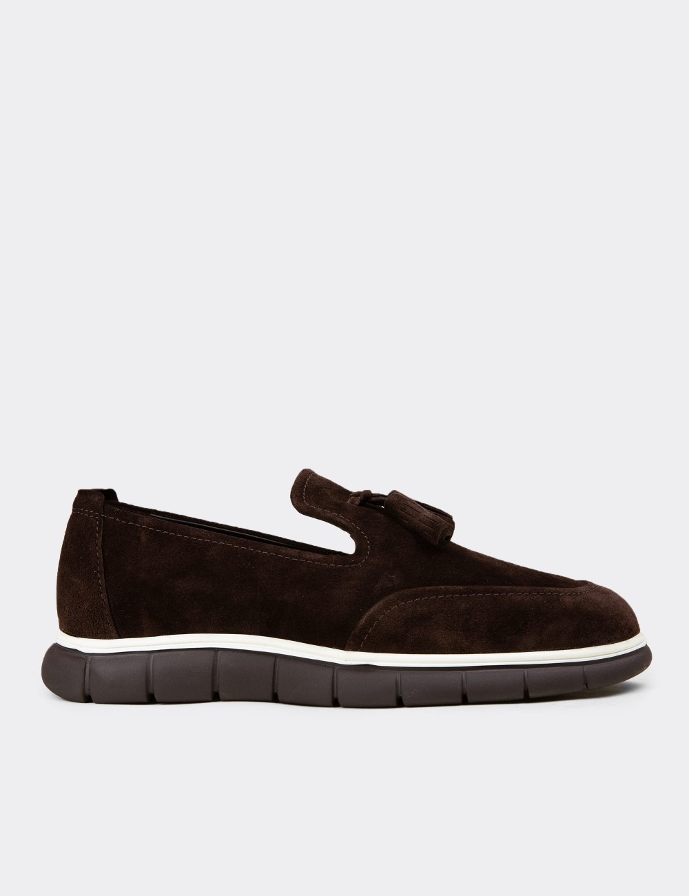 Erkek Hakiki Süet Kahverengi Püsküllü Loafer - 02048MKHVE04