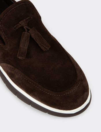 Erkek Hakiki Süet Kahverengi Püsküllü Loafer - 02048MKHVE04