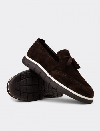 Erkek Hakiki Süet Kahverengi Püsküllü Loafer - 02048MKHVE04