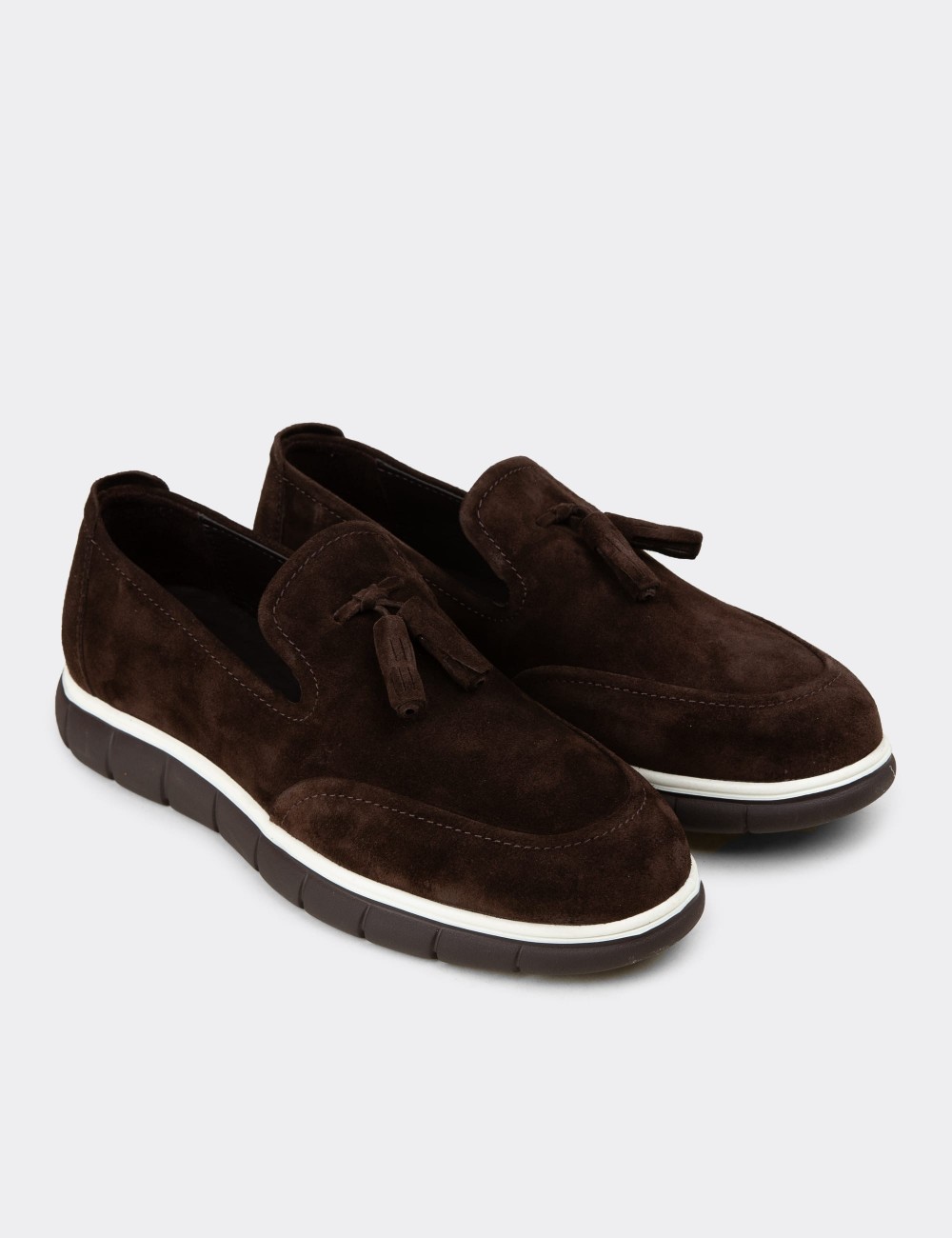 Erkek Hakiki Süet Kahverengi Püsküllü Loafer - 02048MKHVE04