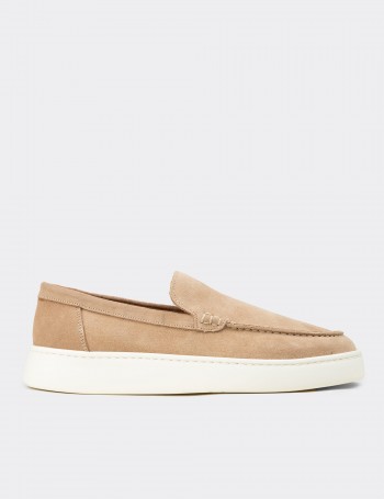 Erkek Hakiki Süet Bej Loafer Ayakkabı