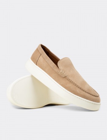Erkek Hakiki Süet Bej Loafer Ayakkabı - 04405MBEJE01
