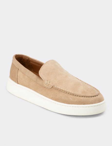 Erkek Hakiki Süet Bej Loafer Ayakkabı