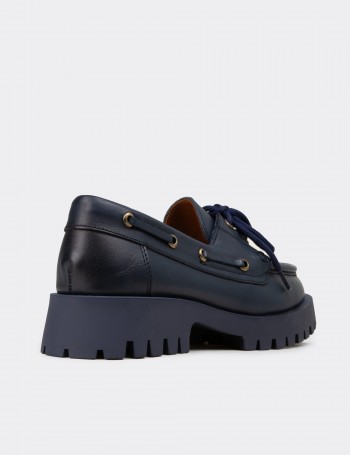 Kadın Hakiki Deri Lacivert Marin Loafer - 02036ZLCVC02